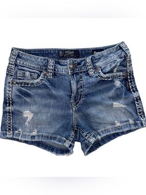 Silver Jeans Aiko Mid Rise Super Stretch Distressed Denim Shorts Size 27
